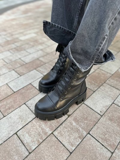 Фото Ботинки женские кожаные черные на шнурках зимние 6714з/40 1