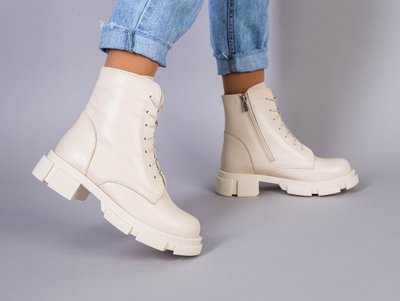 Фото Ботинки женские кожаные молочного цвета на шнурках и с замком зимние 5551-2з/39 1