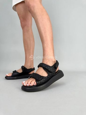 Foto Damskie czarne skórzane sandały pikowane z rzepem 8528/37 2