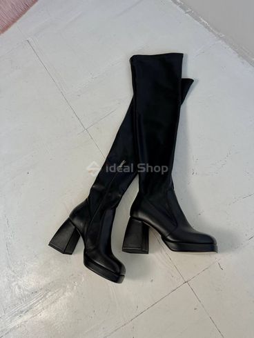 Фото Сапоги-чулки женские кожаные черные на каблуке демисезонные 9933д/39 9
