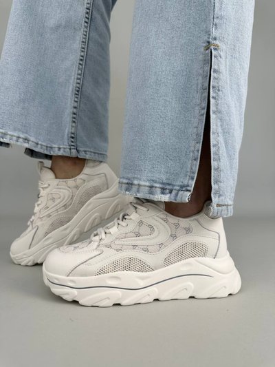 Skórzane, mleczne sneakersy damskie z tekstylnymi i siateczkowymi wstawkami 37 (23,5 cm)