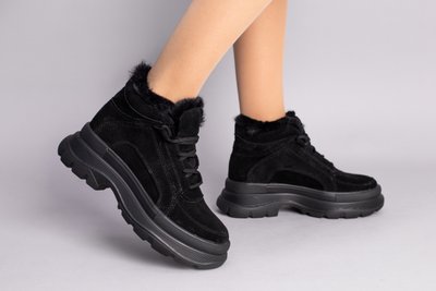 Фото Черевики жіночі замшеві чорні на шнурках, на товстій підошві, зимові 9601з/37 1