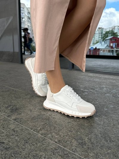 Кросівки жіночі шкіряні білі зі вставками сірої замші 37 (23,5 см)
