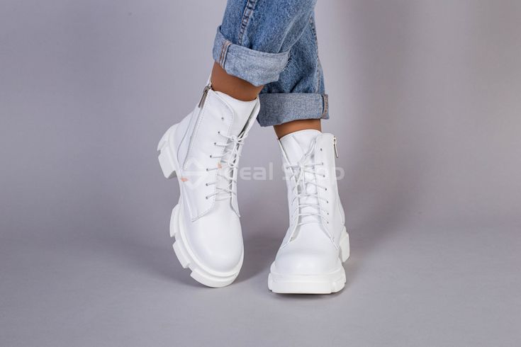 Фото Ботинки женские кожаные белого цвета на шнурках и с замком 5551-3д/36 2