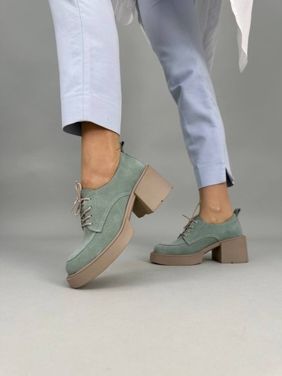 Туфлі жіночі замшеві бірюзового кольору на підборах зі шнурівкою