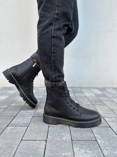 Foto Czarne skórzane męskie buty zimowe z żółtymi przeszyciami 7201з/40 1