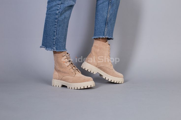 Фото Черевики жіночі замшеві пудрові, на шнурках, на байці 6700-4д/36 2