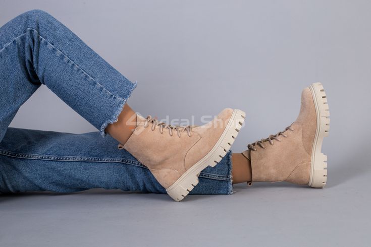Фото Ботинки женские замшевые пудровые, на шнурках, на байке 6700-4д/36 6