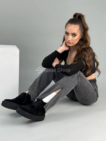 Фото Ботинки женские замшевые черные на черной подошве зимние 9908з/36 5