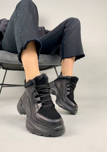 Кросівки жіночі шкіряні чорні зі вставкою замші зимові 37 (23.5-24 см)
