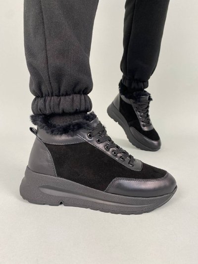Кросівки жіночі замшеві чорні зі шкіряними вставками зимові 40 (26 см)