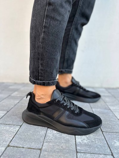 Кросівки чоловічі шкіряні чорні на чорній підошві