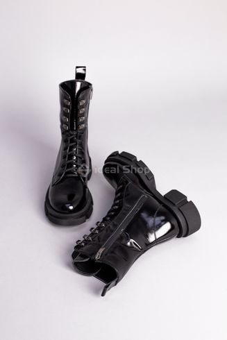 Foto Damskie skórzane botki w kolorze czarnym ze sznurowadłami i zamkiem na zimę 5542з/36 9