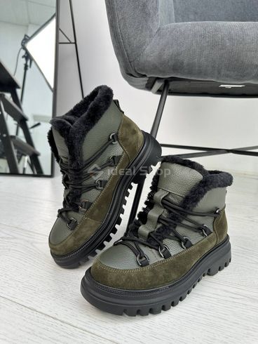 Foto Damskie skórzane granatowe botki w kolorze khaki z zamszową wstawką buty zimowe 6207з/36 12