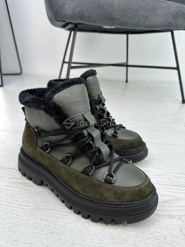 Foto Damskie skórzane granatowe botki w kolorze khaki z zamszową wstawką buty zimowe 6207з/36 11