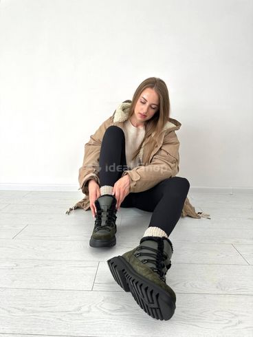 Foto Damskie skórzane granatowe botki w kolorze khaki z zamszową wstawką buty zimowe 6207з/36 9