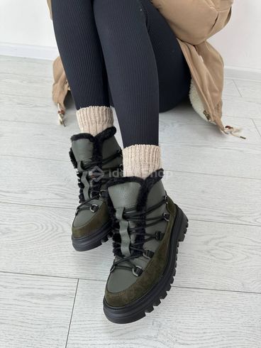 Foto Damskie skórzane granatowe botki w kolorze khaki z zamszową wstawką buty zimowe 6207з/36 4