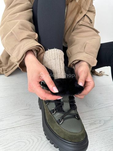 Foto Damskie skórzane granatowe botki w kolorze khaki z zamszową wstawką buty zimowe 6207з/36 10