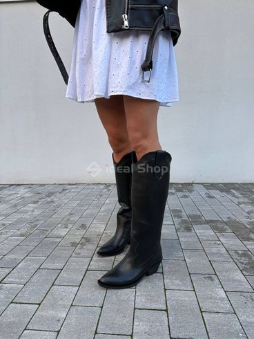 Фото Чоботи козаки жіночі шкіряні чорні на чорній підошві демісезонні 3608-1д/37 1