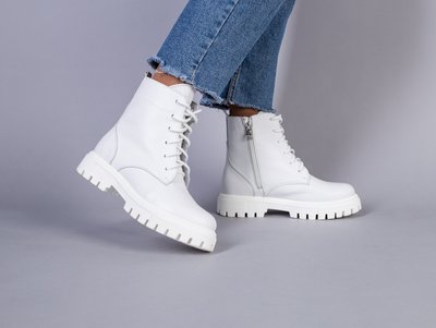 Foto Białe skórzane buty damskie ze sznurowadłami i zamkiem, na koturnie 6701ц/41 1