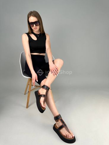 Фото Босоножки женские кожаные черные с вставками карамельного цвета 9800/36 7