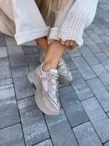 Skórzane beżowe sneakersy damskie z siateczkowymi wstawkami 36 (23,5 cm)