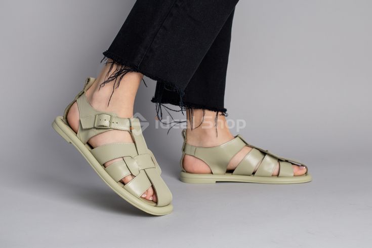 Foto Damskie skórzane sandały w kolorze khaki 5904-1/37 1