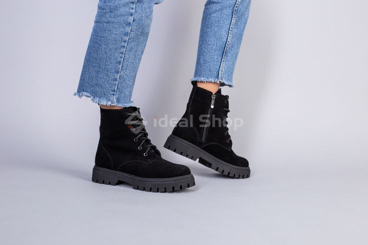 Фото Ботинки женские замшевые черные, на шнурках и с замком, на цигейке 6701-5ц/36 2