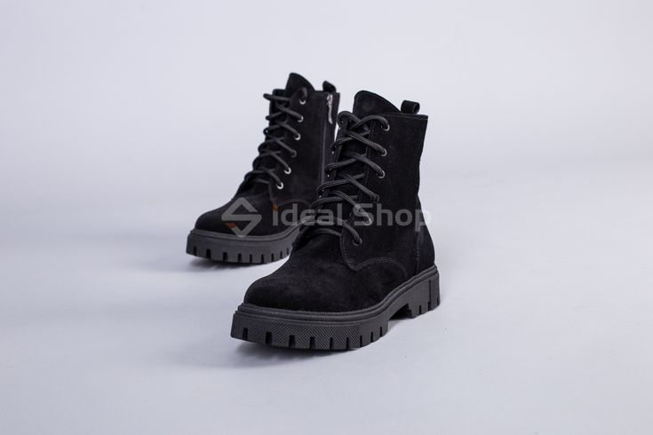 Фото Ботинки женские замшевые черные, на шнурках и с замком, на цигейке 6701-5ц/36 9
