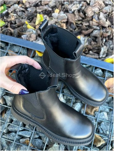 Foto Czarne skórzane buty zimowe damskie Chelsea z czarną podeszwą 9945з/36 2