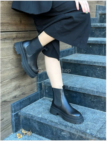 Foto Czarne skórzane buty zimowe damskie Chelsea z czarną podeszwą 9945з/36 7